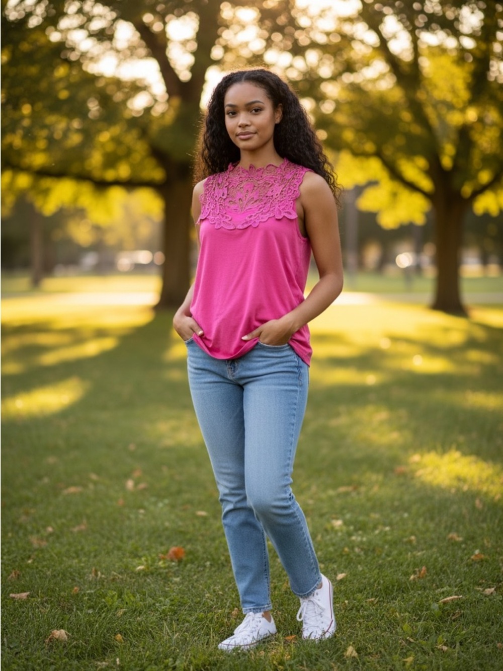 Joan Boyce Fuchsia Pink Sleeveless Tank Top with Embroidered Lace V-Neckline